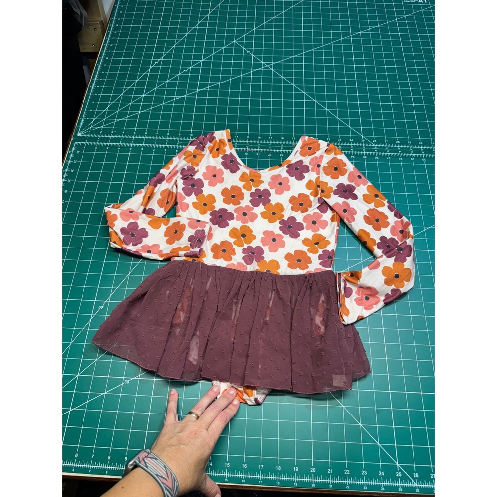 Cheeky Plum Girls Retro Floral Long Sleeve Leotard Dress Plum Swiss Dot Skirt 8Y